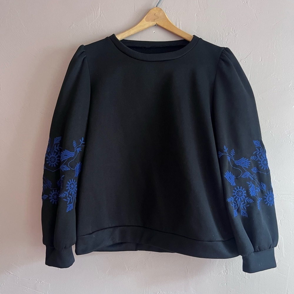 Black Sweater with Blue Embroidered Flowers, Size Large